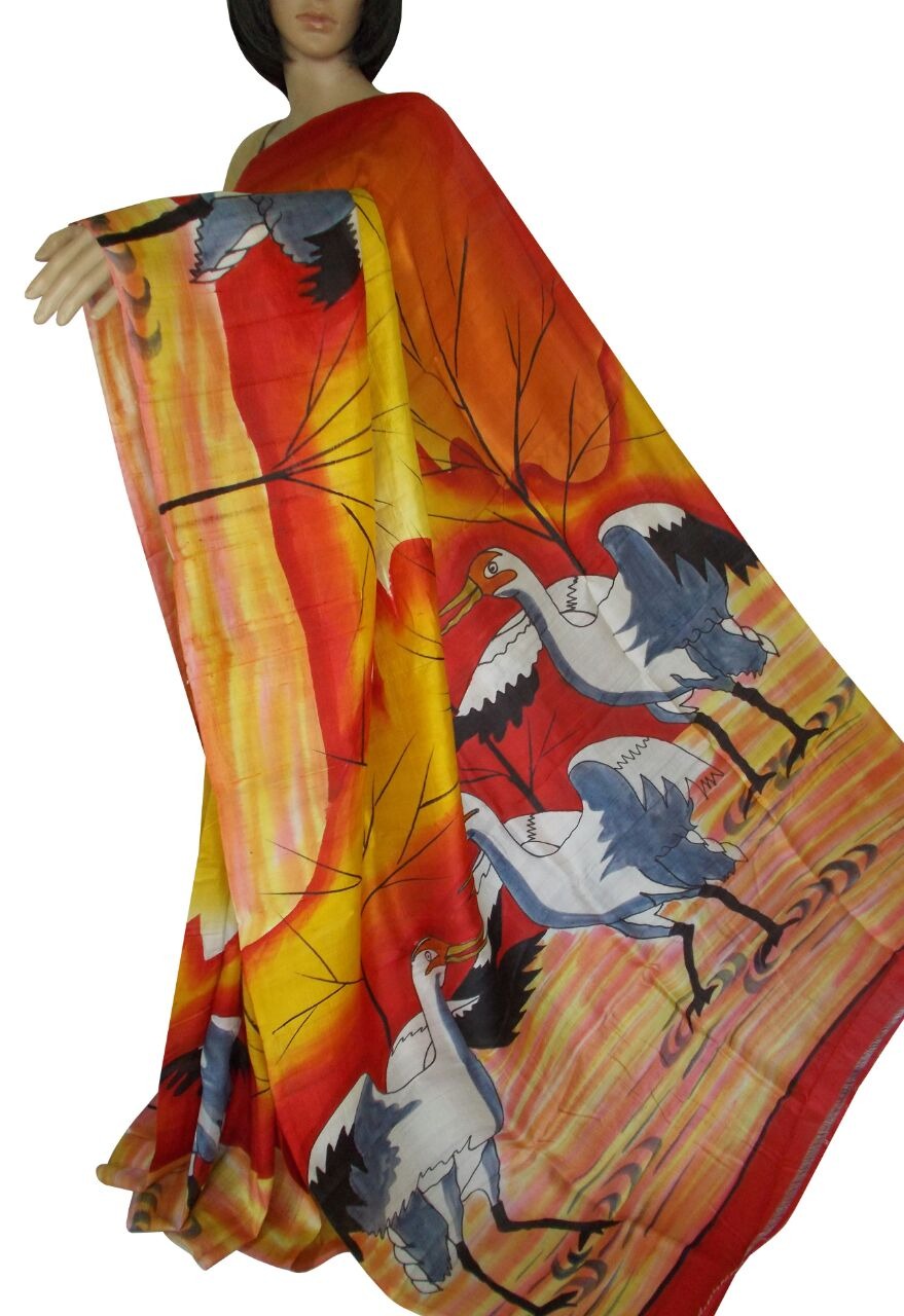 Yellow Orange Hand Painted Pure Silk Mark Certified Bishnupuri Silk Sarees - Dailybuyys