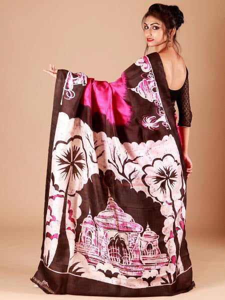 Brown Purple Hand Painted Pure Silk Mark Certified Bishnupuri Silk Sarees - Dailybuyys