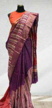 Brown Zari Boarder Block Printed Pure Silk Mark Certified Tussar Silk Sarees - Dailybuyys
