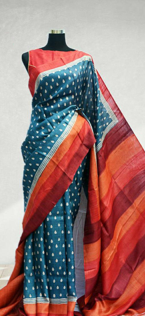 Blue Red Block Printed Pure Silk Mark Certified Tussar Silk Sarees - Dailybuyys