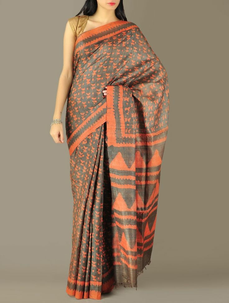 Brown Block Printed Pure Silk Mark Certified Tussar Silk Sarees - Dailybuyys