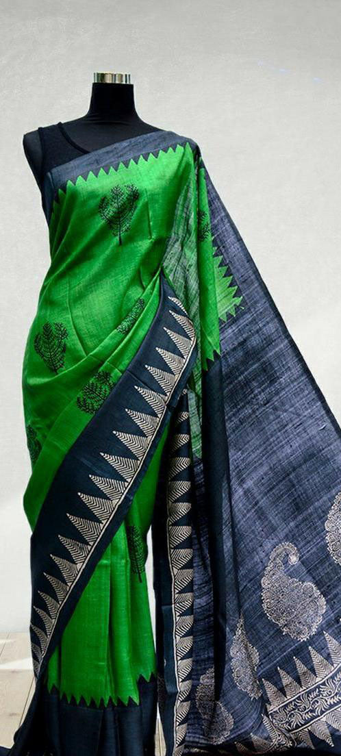 Green Blue Block Printed Pure Silk Mark Certified Tussar Silk Sarees - Dailybuyys