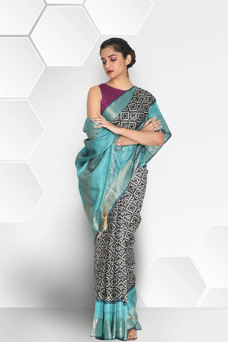 Blue Zari Boarder Block Printed Pure Silk Mark Certified Tussar Silk Sarees - Dailybuyys