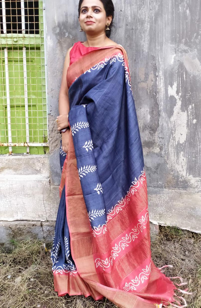 Blue Red Zari Border Block Printed Pure Silk Mark Certified Tussar Silk Sarees - Dailybuyys