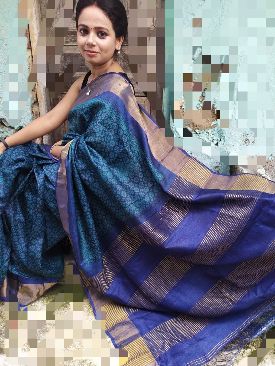 Blue Zari Border Block Printed Pure Silk Mark Certified Tussar Silk Sarees - Dailybuyys