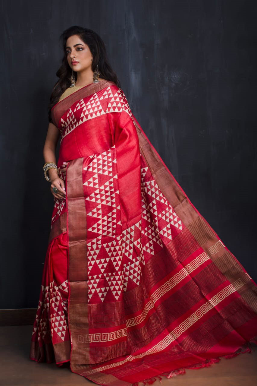 Red Block Printed Zari Border Pure Silk Mark Certified Tussar Silk Sarees - Dailybuyys