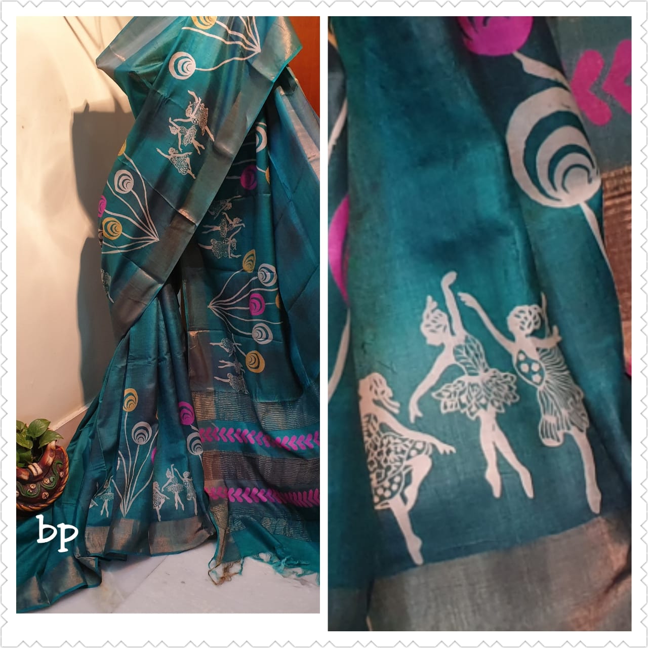 Green Zari Border Hand Painted Pure Silk Mark Certified Tussar Silk Sarees - Dailybuyys