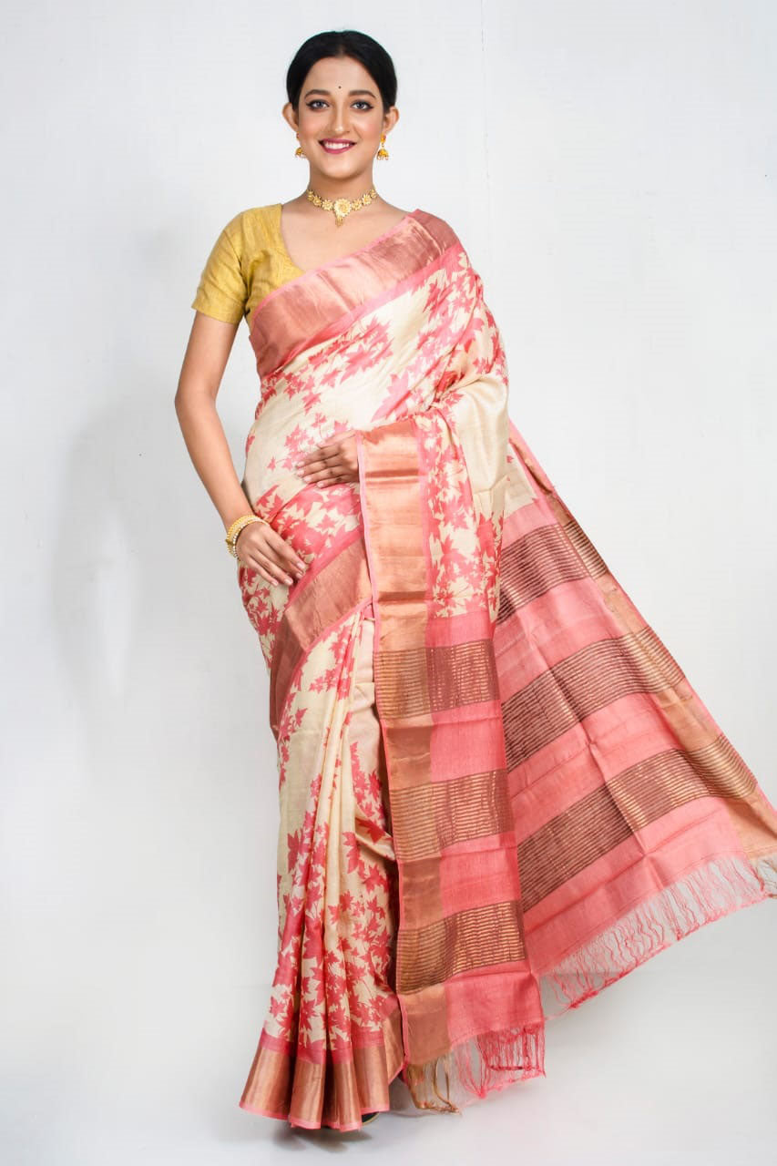 Beige Block Printed Zari Border Pure Silk Mark Certified Tussar Silk Sarees - Dailybuyys