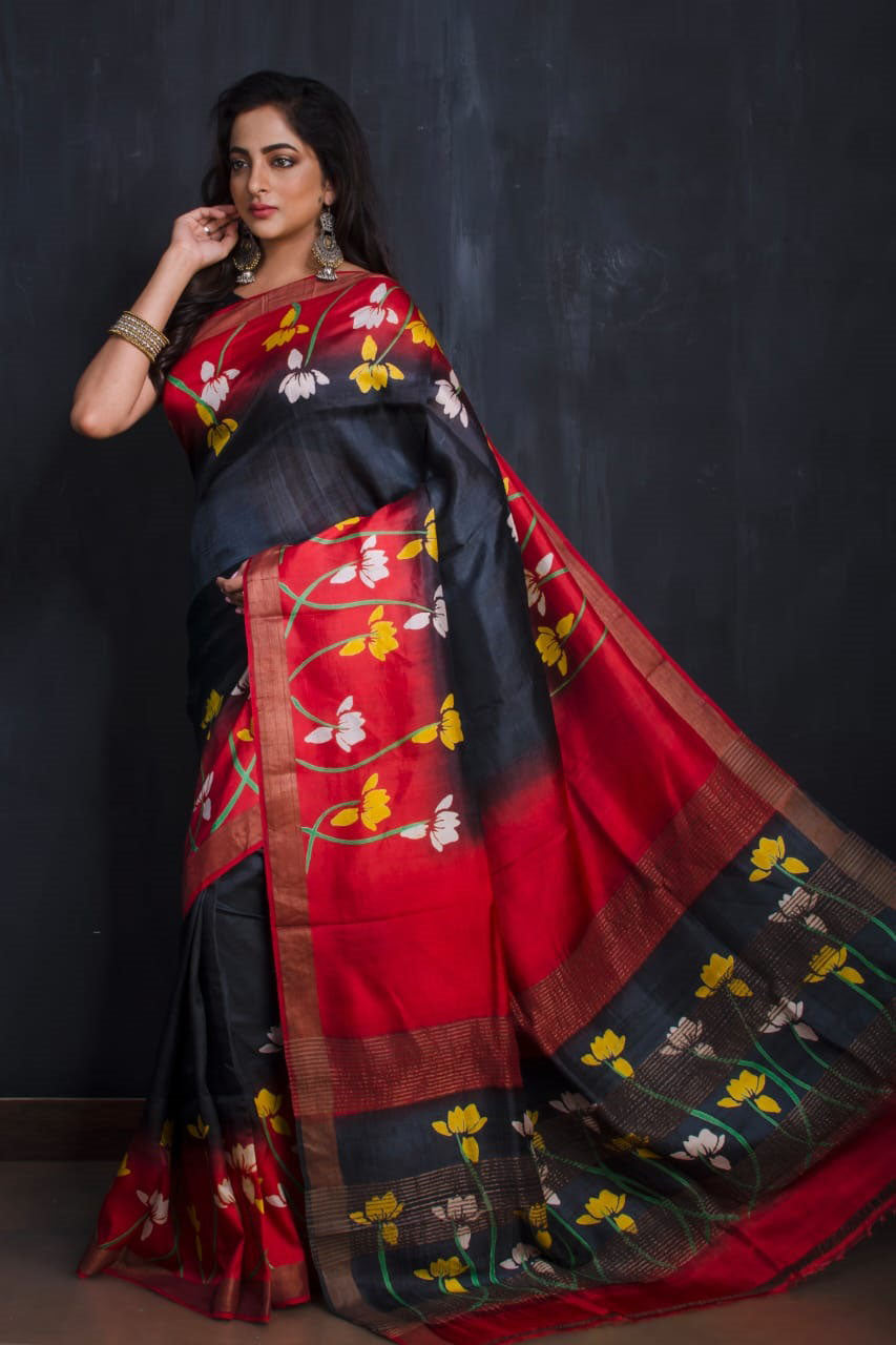 Black Red Hand Painted Zari Border Pure Silk Mark Certified Tussar Silk Sarees - Dailybuyys