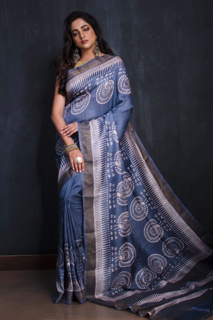 Grey Block Printed Zari Border Pure Silk Mark Certified Tussar Silk Sarees - Dailybuyys