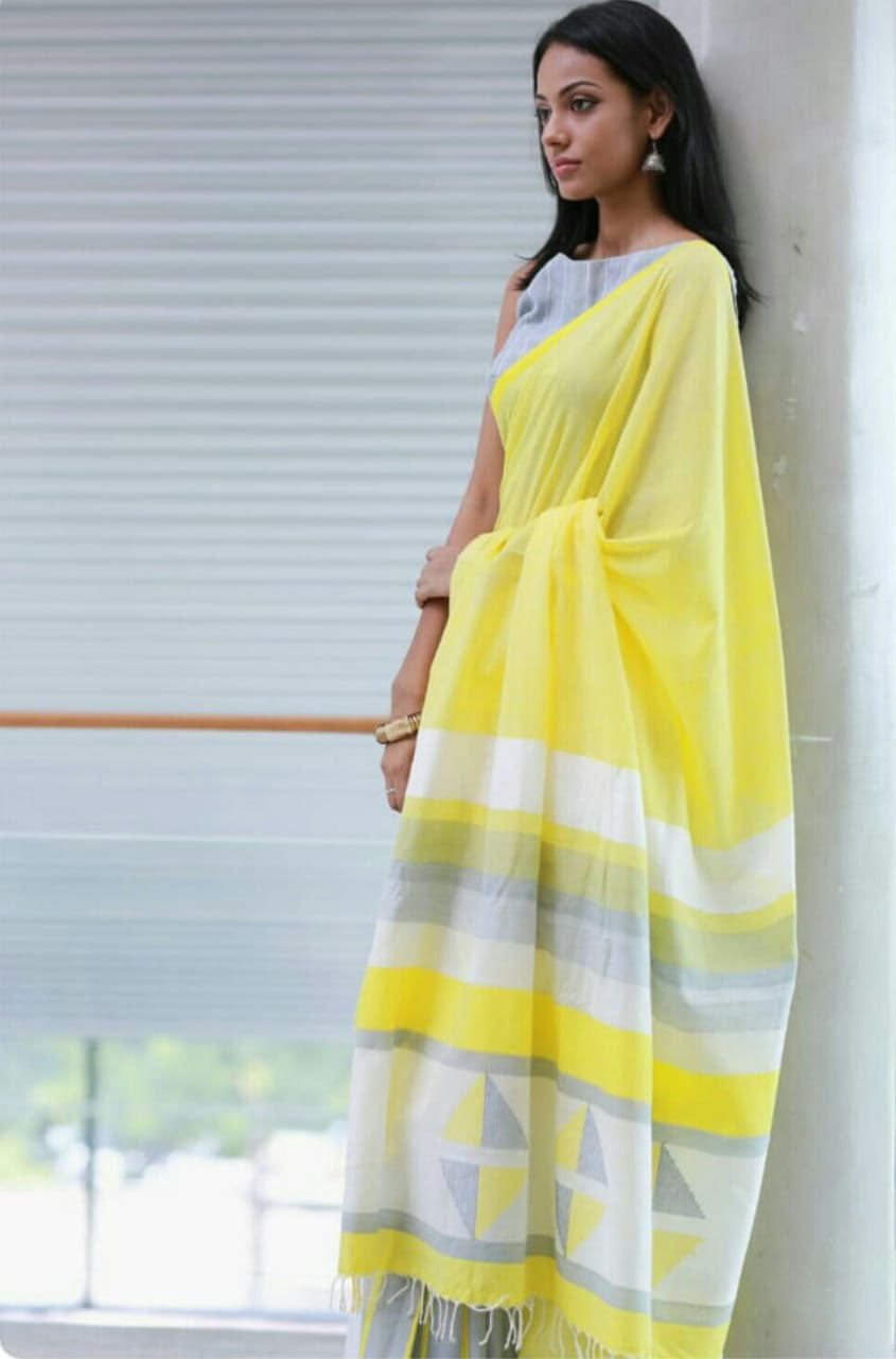 Yellow Beige Pure Mulmul Batik Sarees - Dailybuyys