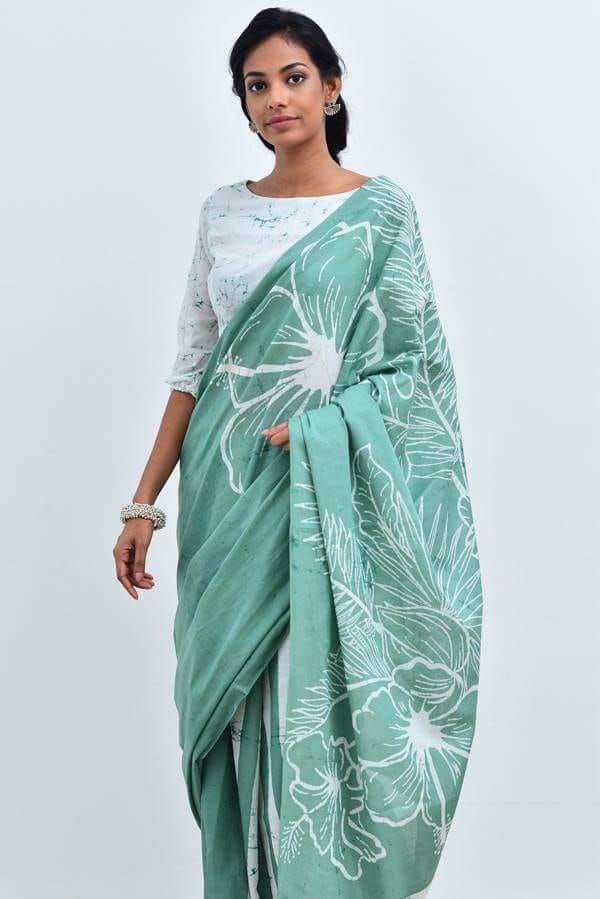Sky Green Pure Mulmul Batik Sarees - Dailybuyys