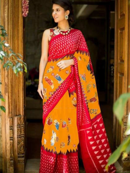 Red Orange Pure Mulmul Batik Sarees - Dailybuyys