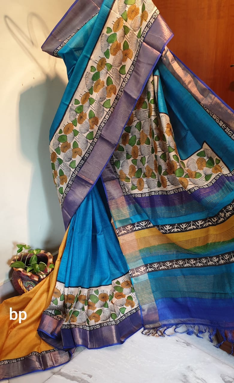 Blue Beige Block Printed Zari Border Pure Silk Mark Certified Tussar Silk Sarees - Dailybuyys