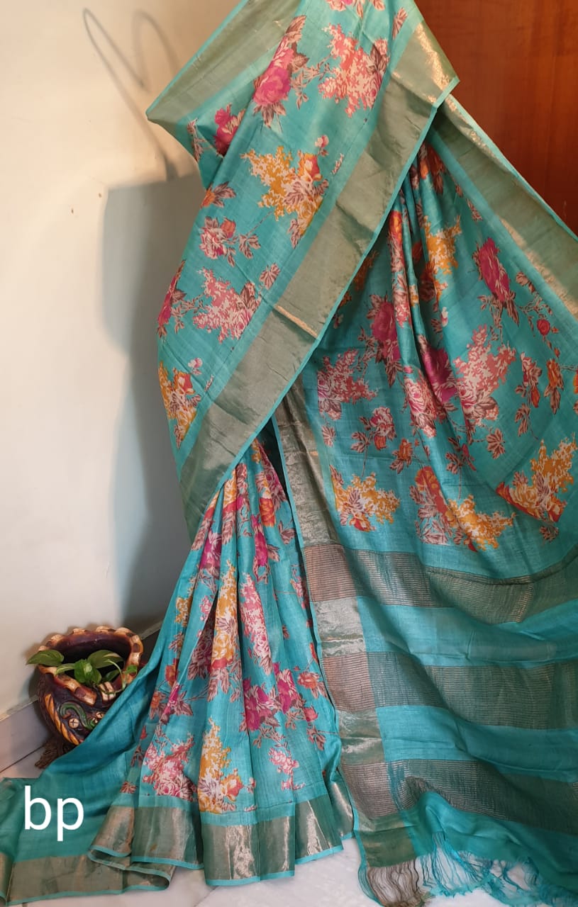 Light Green Hand Painted Zari Border Pure Silk Mark Certified Tussar Silk Sarees - Dailybuyys