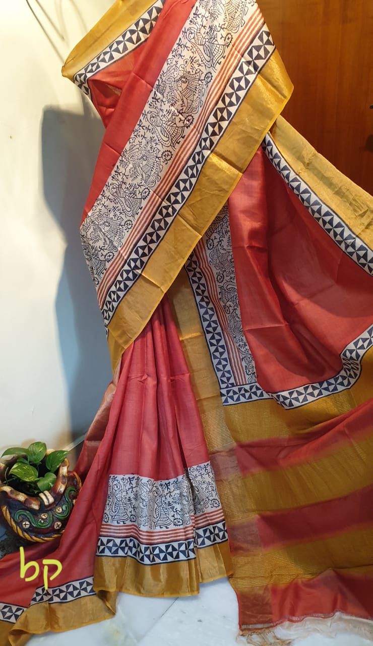 Red Yellow Block Printed Zari Border Pure Silk Mark Certified Tussar Silk Sarees - Dailybuyys