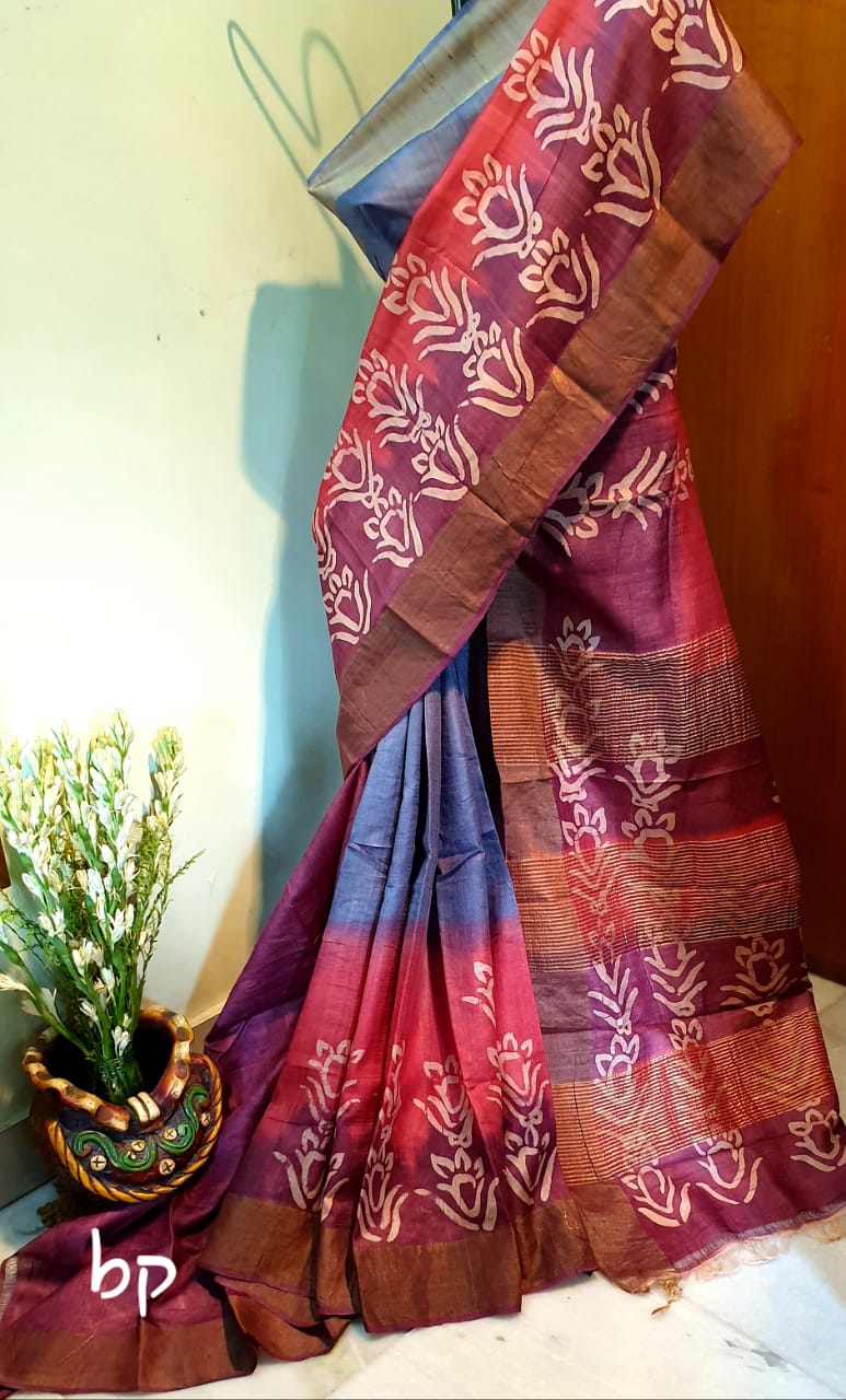 Purple Grey Block Printed Zari Border Pure Silk Mark Certified Tussar Silk Sarees - Dailybuyys