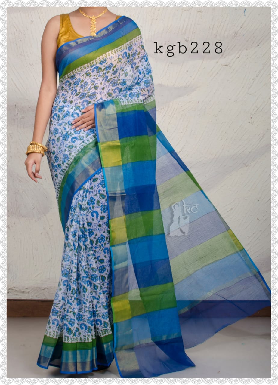 Blue Screen Print / Block Print KK Kota Doriya Sarees - Dailybuyys