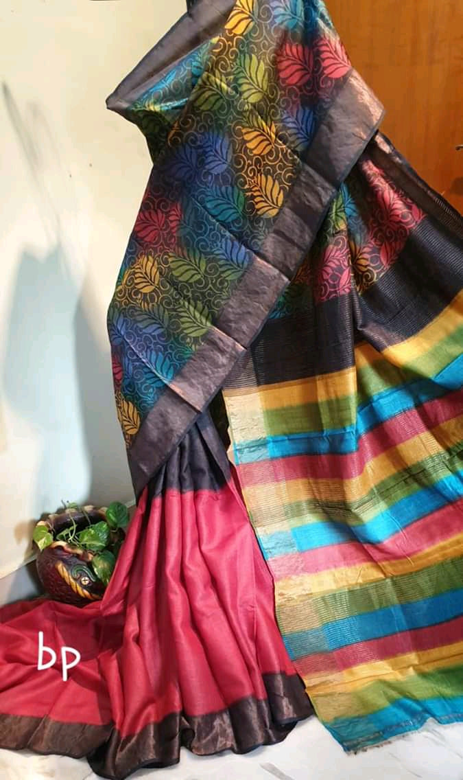 Red Block Printed Zari Border Pure Silk Mark Certified Tussar Silk Sarees - Dailybuyys