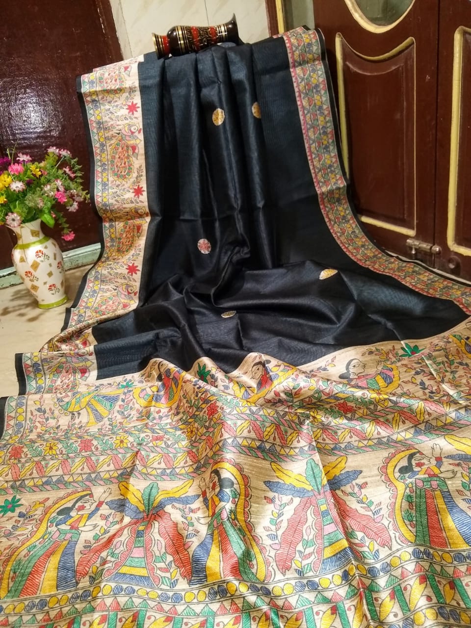 Black Madhubani Printed Pure Silk Mark Certified Tussar Ghicha Silk Sarees - Dailybuyys