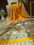 Yellowish orange Madhubani Printed Pure Silk Mark Certified Tussar Ghicha Silk Sarees