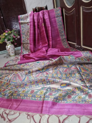 Pink Madhubani Printed Pure Silk Mark Certified Tussar Ghicha Silk Sarees