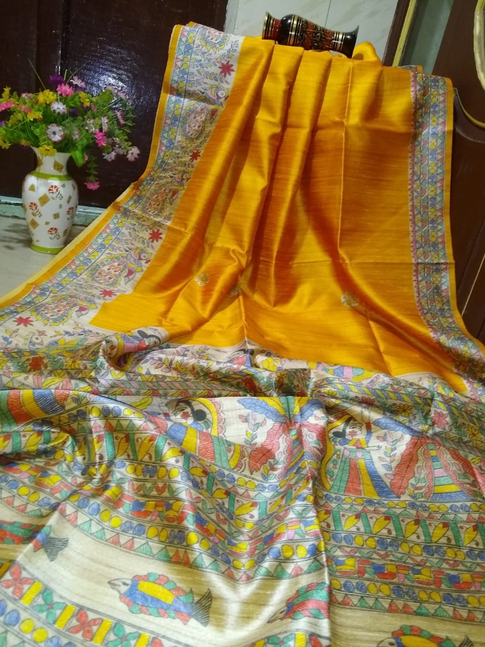 Yellow Madhubani Printed Pure Silk Mark Certified Tussar Ghicha Silk Sarees - Dailybuyys