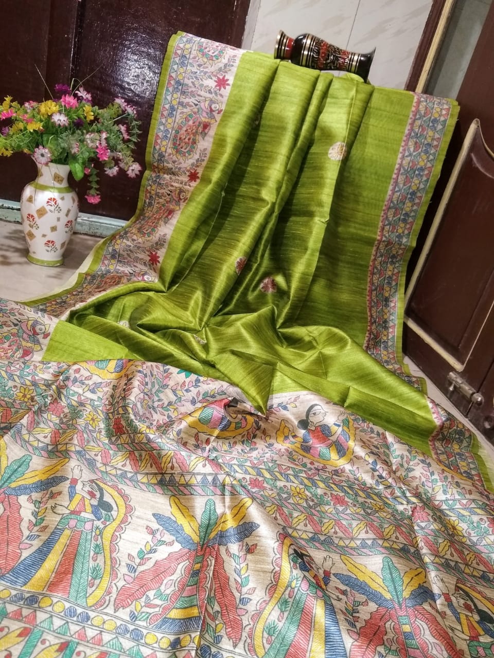 Green Madhubani Printed Pure Silk Mark Certified Tussar Ghicha Silk Sarees - Dailybuyys