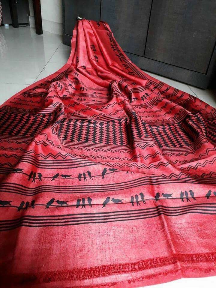Red Block Printed Pure Silk Mark Certified Bishnupuri Silk Sarees - Dailybuyys