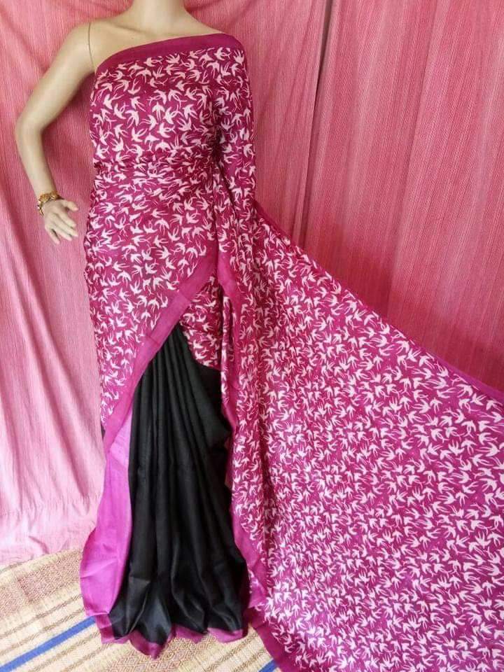 Pink Black Block Printed Pure Silk Mark Certified Bishnupuri Silk Sarees - Dailybuyys