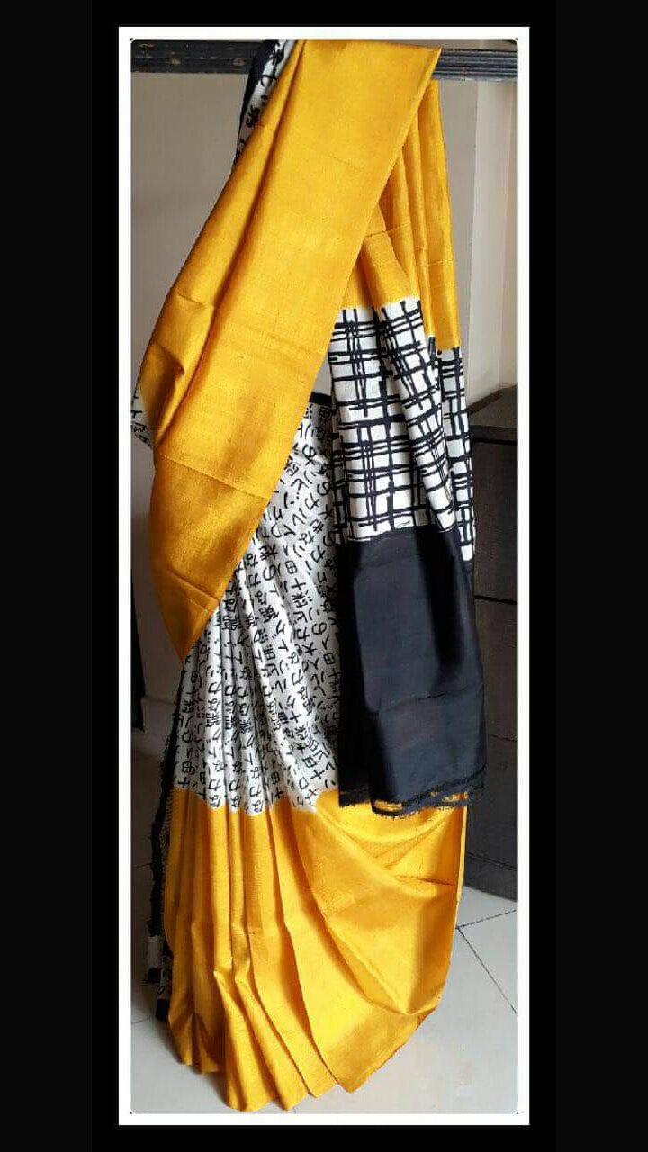 Yellow Block Printed Pure Silk Mark Certified Bishnupuri Silk Sarees - Dailybuyys