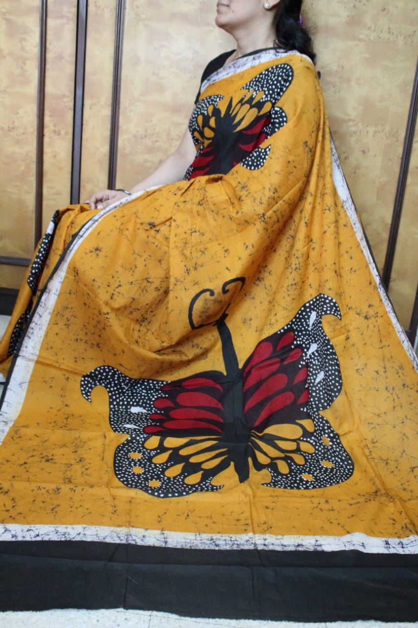 Yellow Hand Painted Pure Silk Mark Certified Bishnupuri Silk Sarees - Dailybuyys