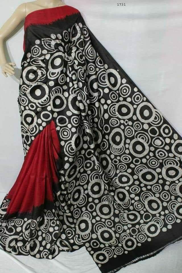 Red Black Wax Hand Batik Printed Pure Silk Mark Certified Bishnupuri Silk Sarees - Dailybuyys