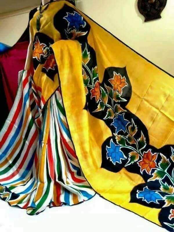 Yellow Hand Printed Pure Silk Mark Certified Bishnupuri Silk Sarees - Dailybuyys