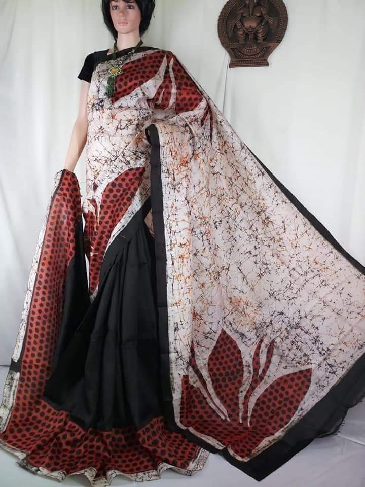 Black Wax Hand Batik Printed Pure Silk Mark Certified Bishnupuri Silk Sarees - Dailybuyys