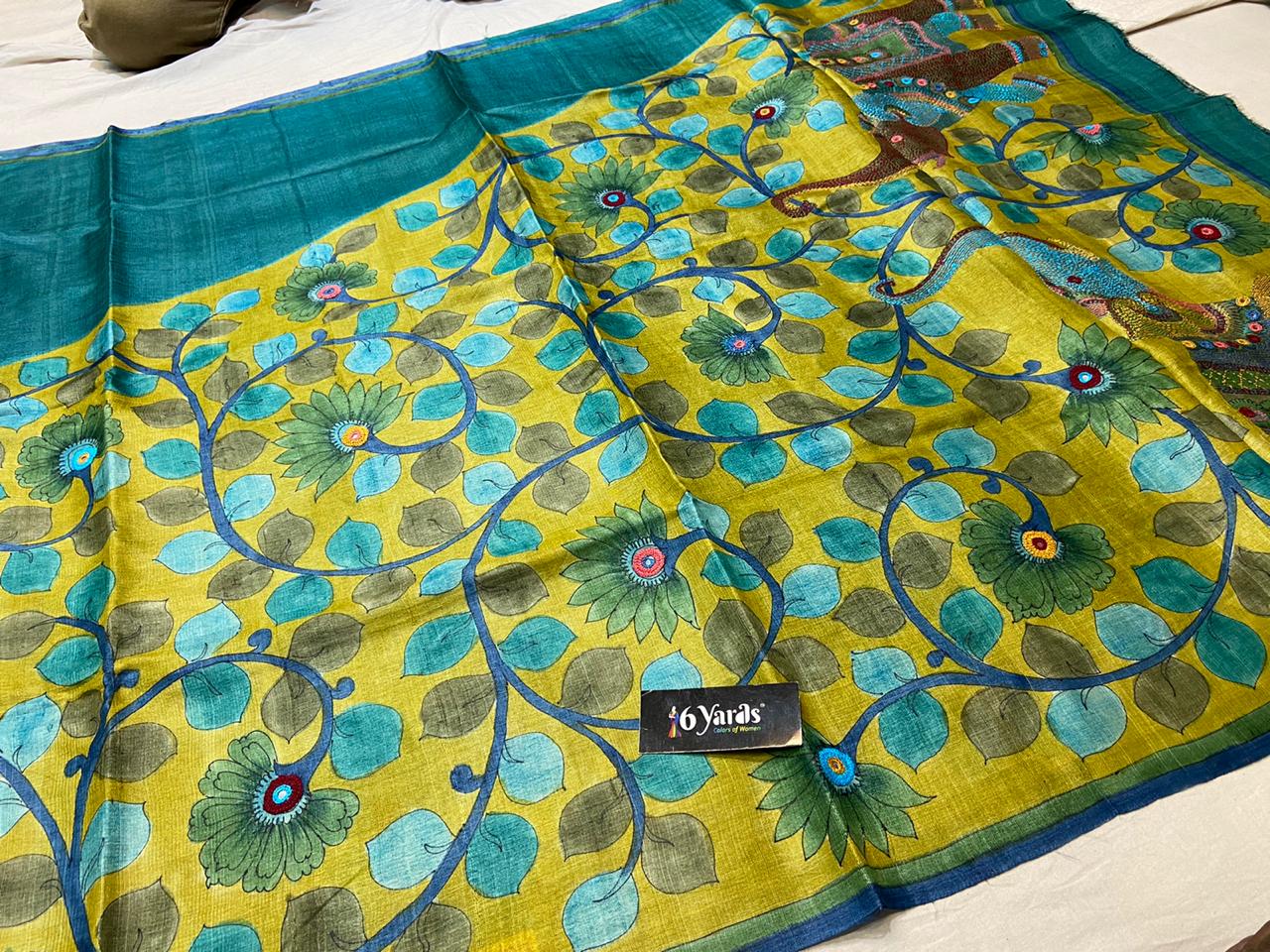 Yellow and Dark Teal Hand Painted Pure Silk Mark Certified Kalamkari Tussar Silk Sarees - Dailybuyys