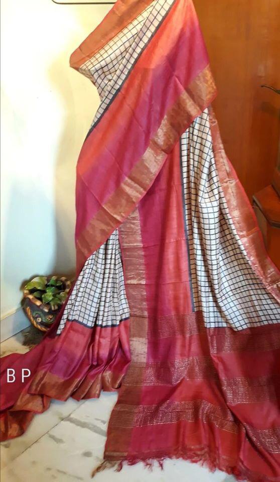 Beige Red Block Printed Zari Border Pure Silk Mark Certified Tussar Silk Sarees - Dailybuyys