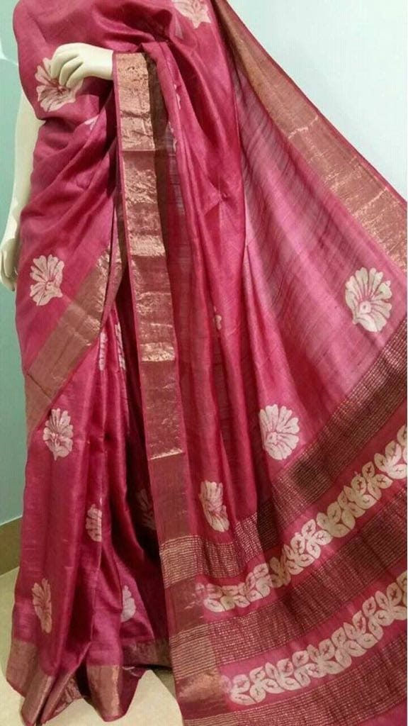 Pink Block Printed Zari Border Pure Silk Mark Certified Tussar Silk Sarees - Dailybuyys