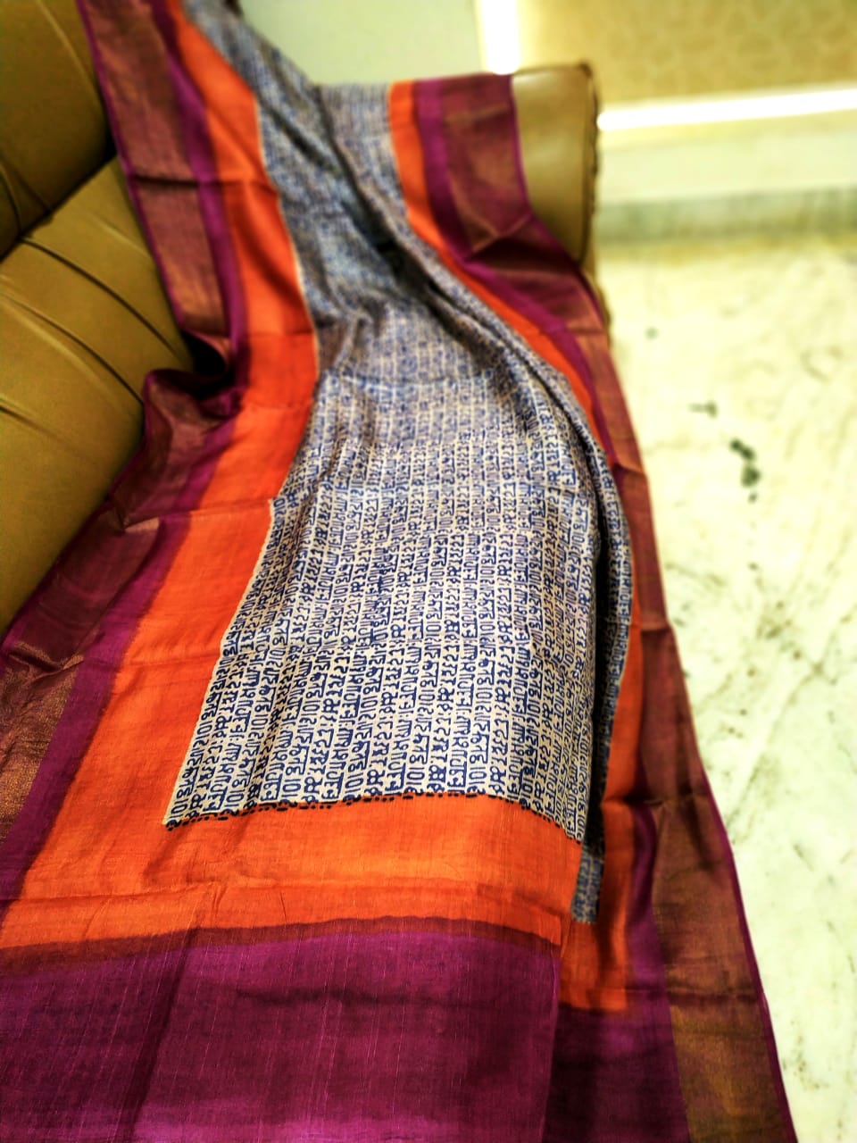 Purple Orange Block Printed Zari Border Pure Silk Mark Certified Tussar Silk Sarees - Dailybuyys