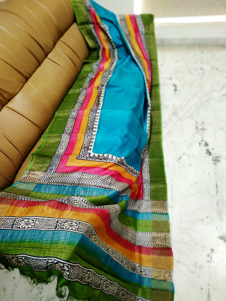 Blue Block Printed Zari Border Pure Silk Mark Certified Tussar Silk Sarees - Dailybuyys