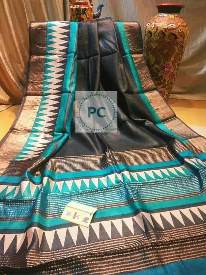 Blue Block Printed Zari Border Pure Silk Mark Certified Tussar Silk Sarees - Dailybuyys