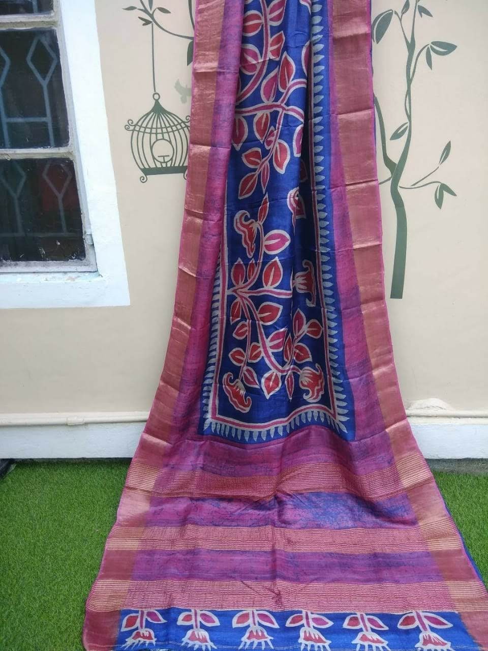 Blue Hand Painted Zari Border Pure Silk Mark Certified Tussar Silk Sarees - Dailybuyys