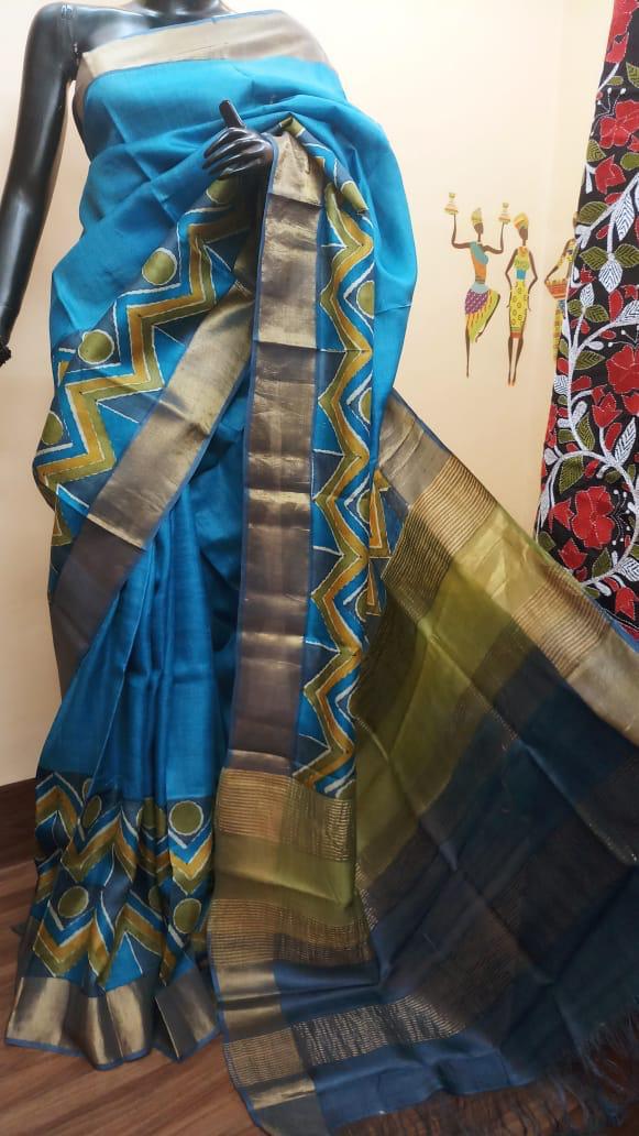 Blue Hand Painted Zari Border Pure Silk Mark Certified Tussar Silk Sarees - Dailybuyys