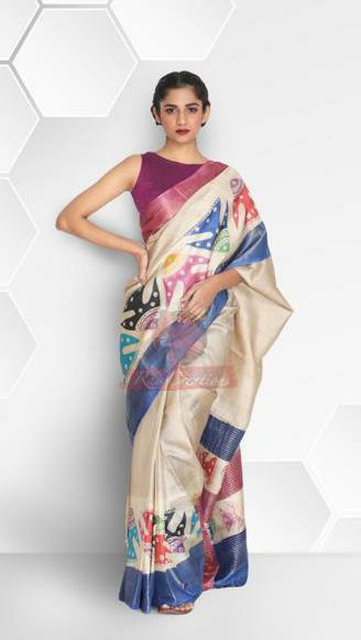 Beige Hand Painted Zari Border Pure Silk Mark Certified Tussar Silk Sarees - Dailybuyys