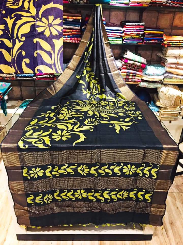 Black Hand Painted Zari Border Pure Silk Mark Certified Tussar Silk Sarees - Dailybuyys
