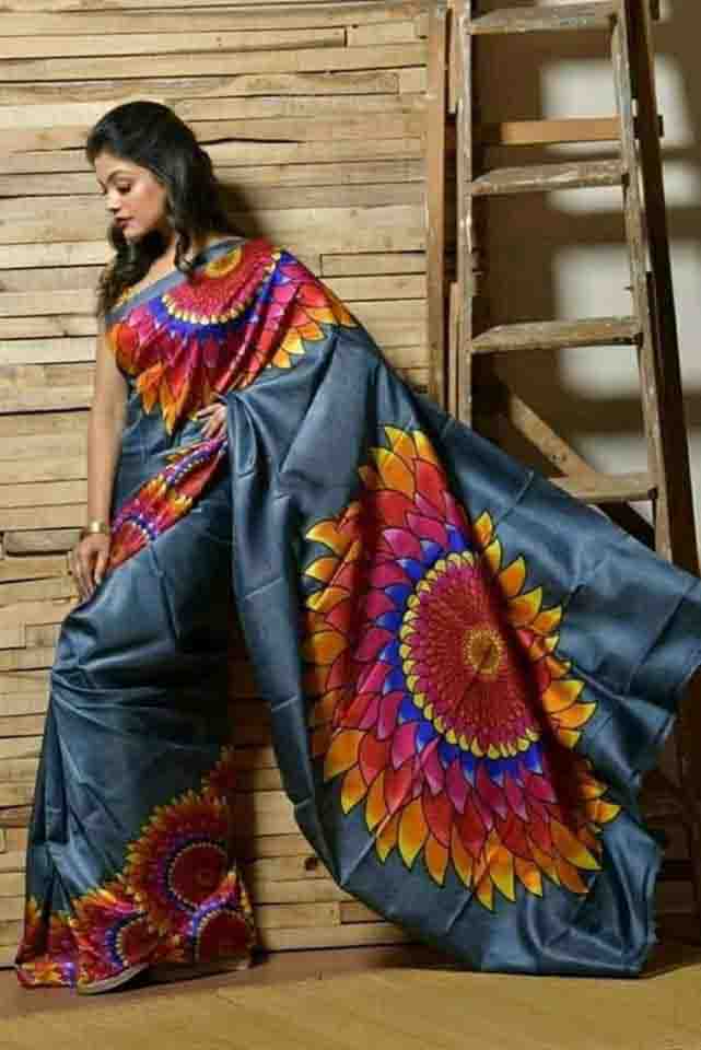 Grey Hand Painted Pure Silk Mark Certified Bishnupuri Silk Sarees - Dailybuyys