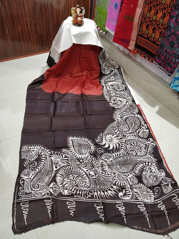 Brown Red Wax Hand Printed Pure Silk Mark Certified Bishnupuri Silk Sarees - Dailybuyys