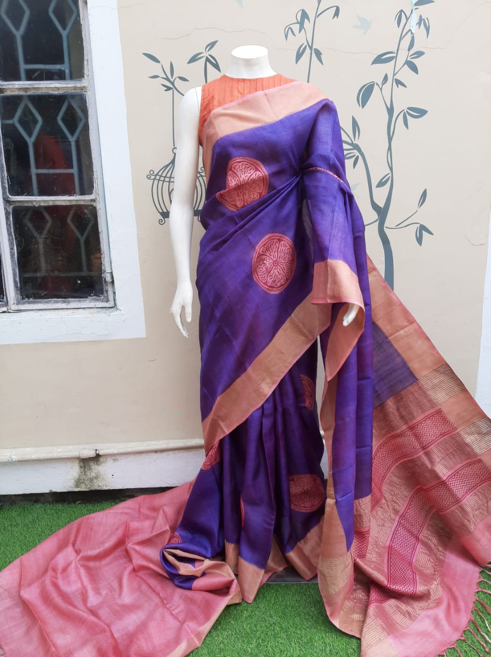 Blue Block Printed Zari Border Pure Silk Mark Certified Tussar Silk Sarees - Dailybuyys