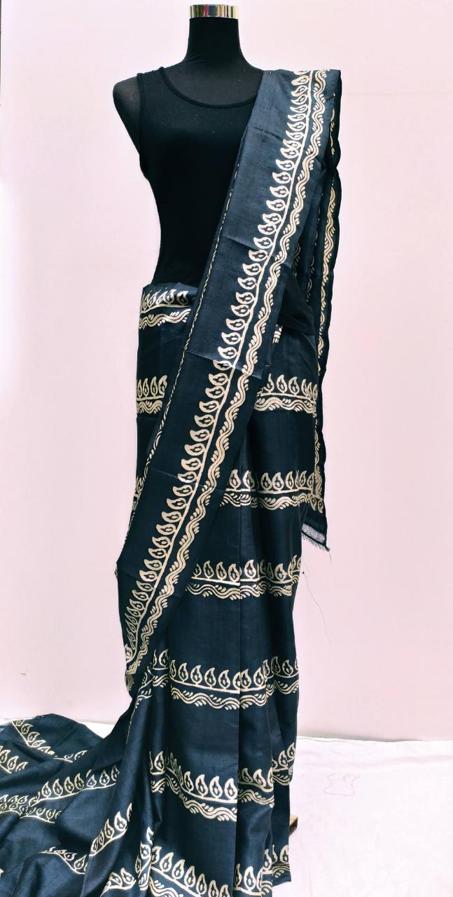 Blue Block Printed Pure Silk Mark Certified Bishnupuri Silk Sarees - Dailybuyys