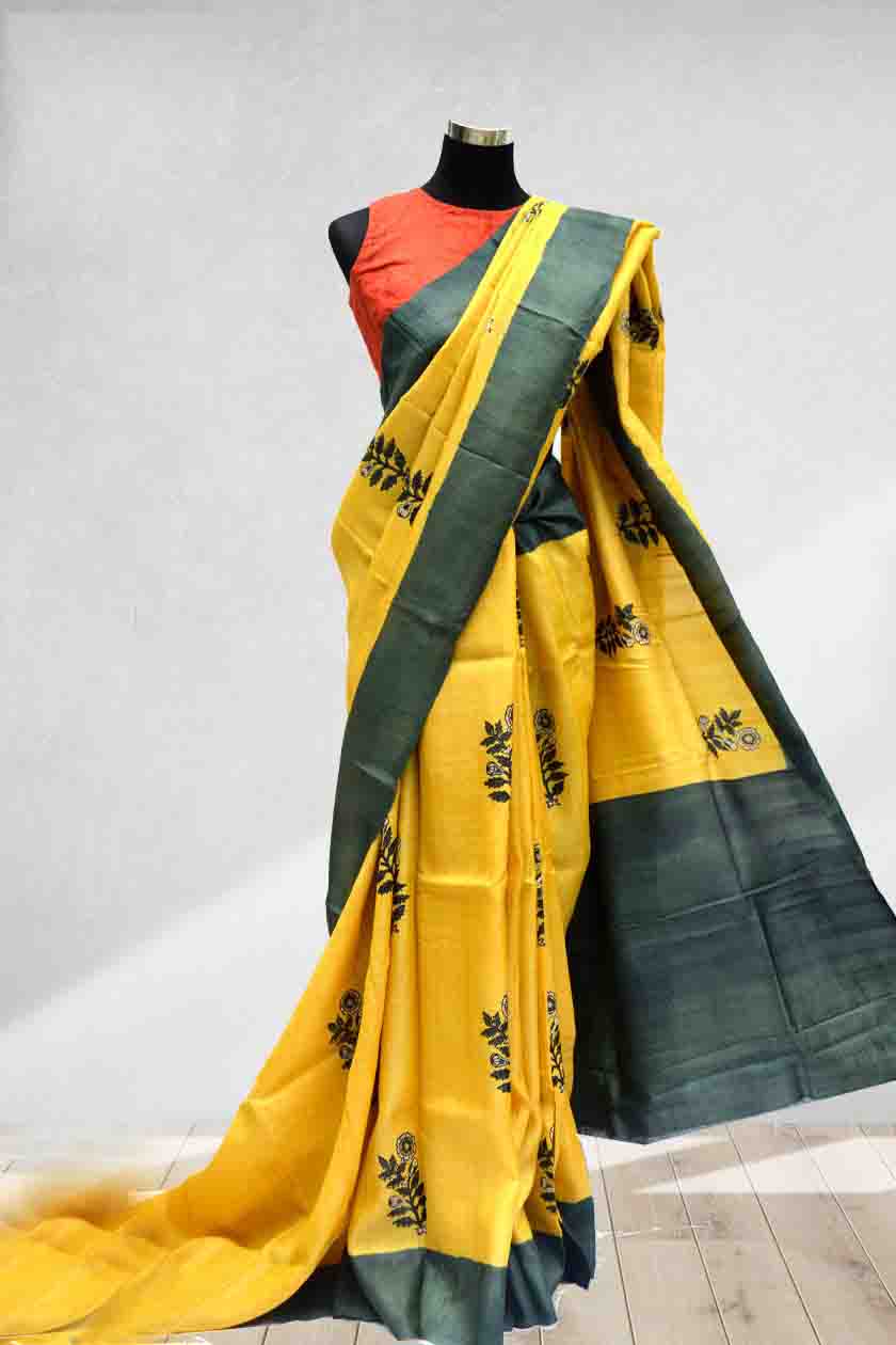 Yellow Block Printed Pure Silk Mark Certified Bishnupuri Silk Sarees - Dailybuyys